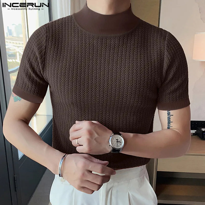 Casual Simple Style Tops INCERUN Men Knitting Pit Strip Camiseta