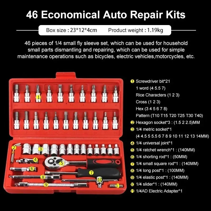 46pcs Socket Set Car Repair Tool Ratchet Spanner Wrench Set Pawl